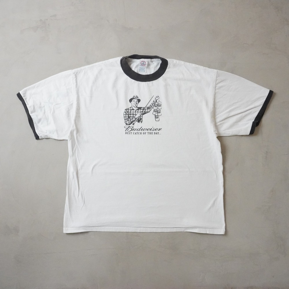 Vintage Budweiser Ringer T-Shirt XL Mens White Best Catch of the Day Fishing